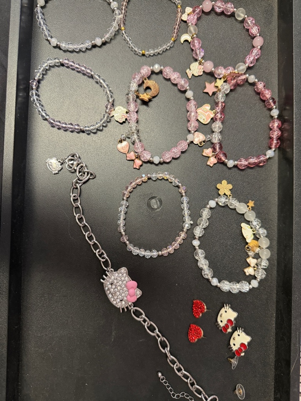 Hello Kitty Pink and Clear Beaded Charm Bracelet Set, earrings also